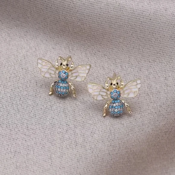 Gold Bee Earrings with Blue and White Accents - Picture 4 of 5
